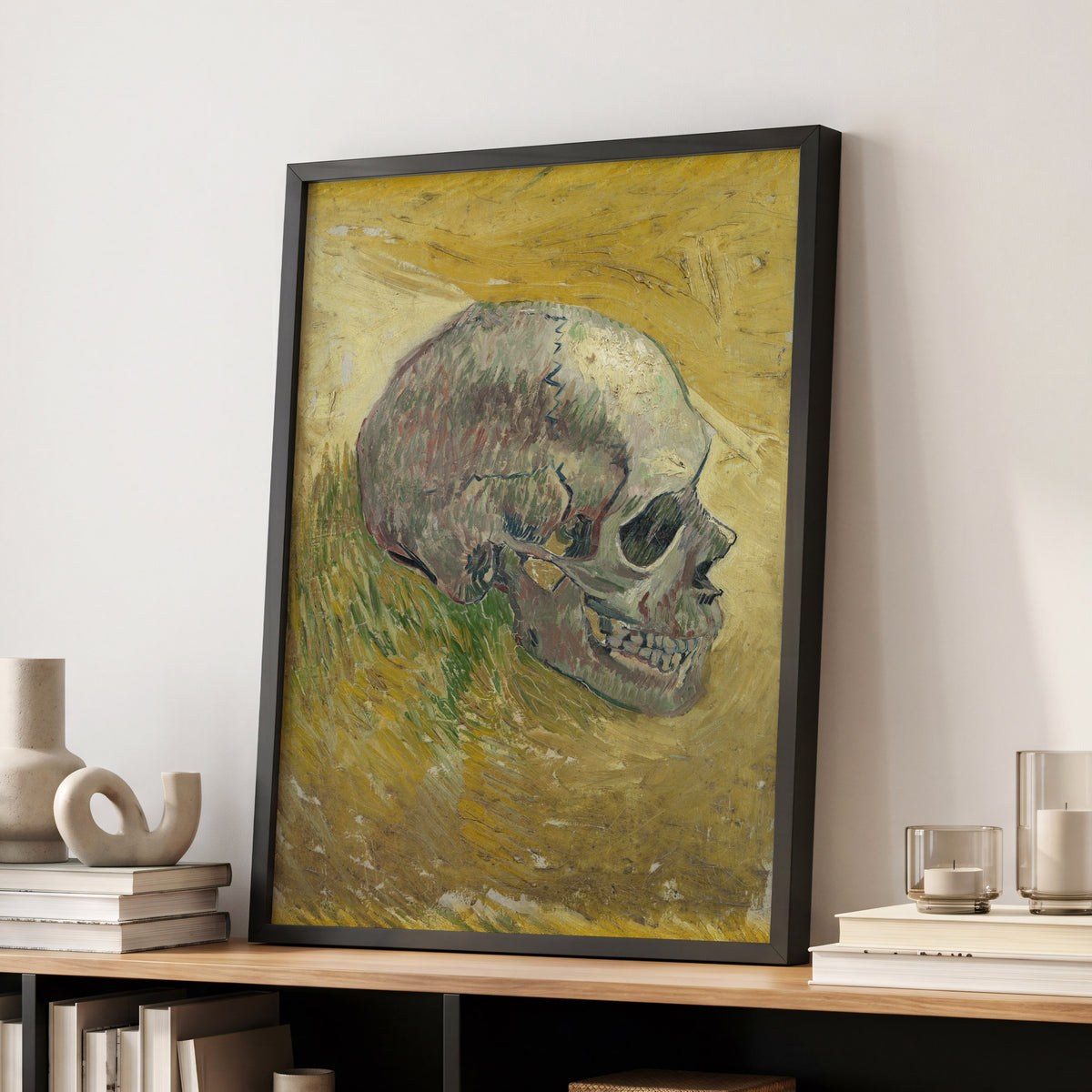 Skull in Saffron, yellow, green, beige abstract wall art displayed in a styled interior, gallery view 2