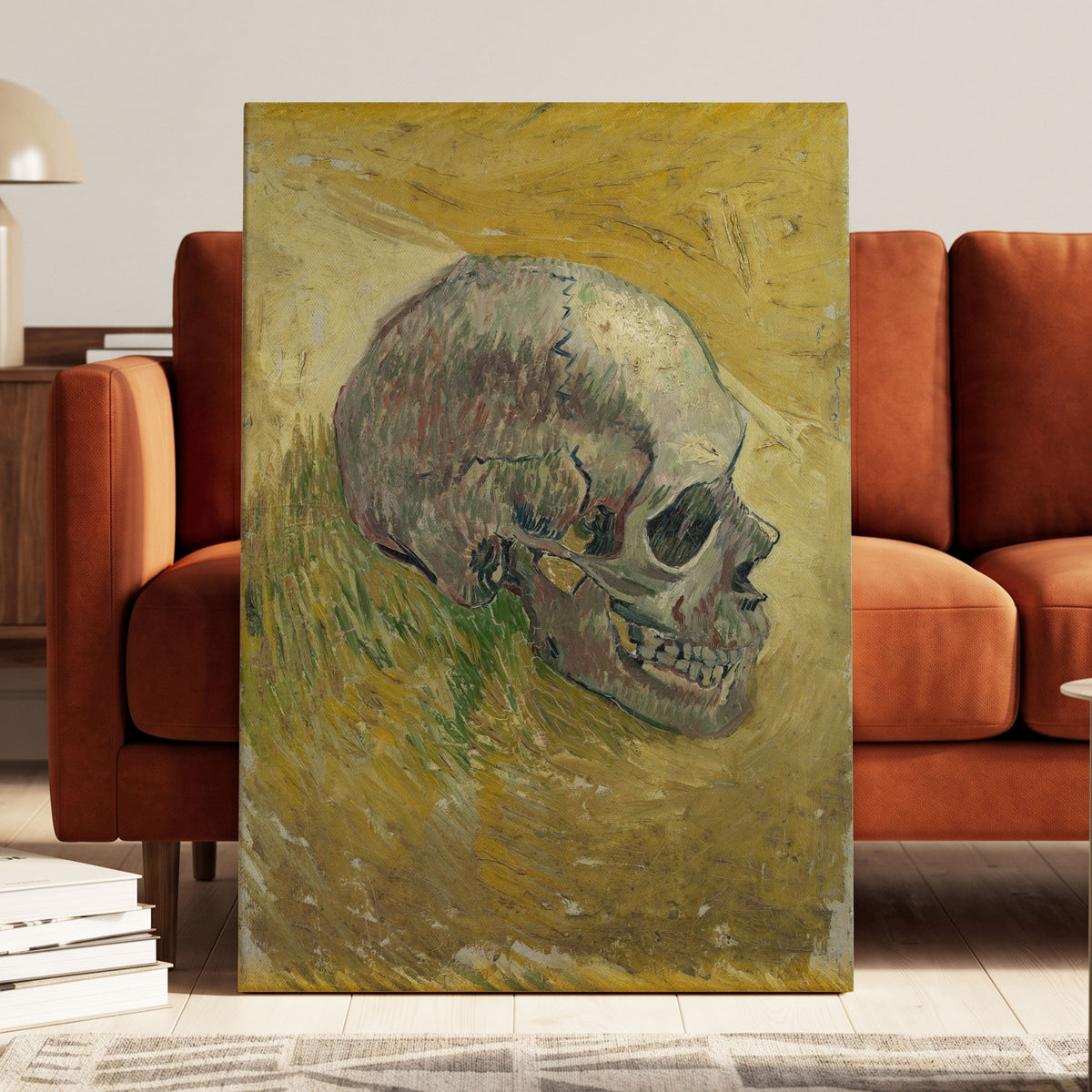 Skull in Saffron, yellow, green, beige abstract wall art displayed in a styled interior, gallery view 3