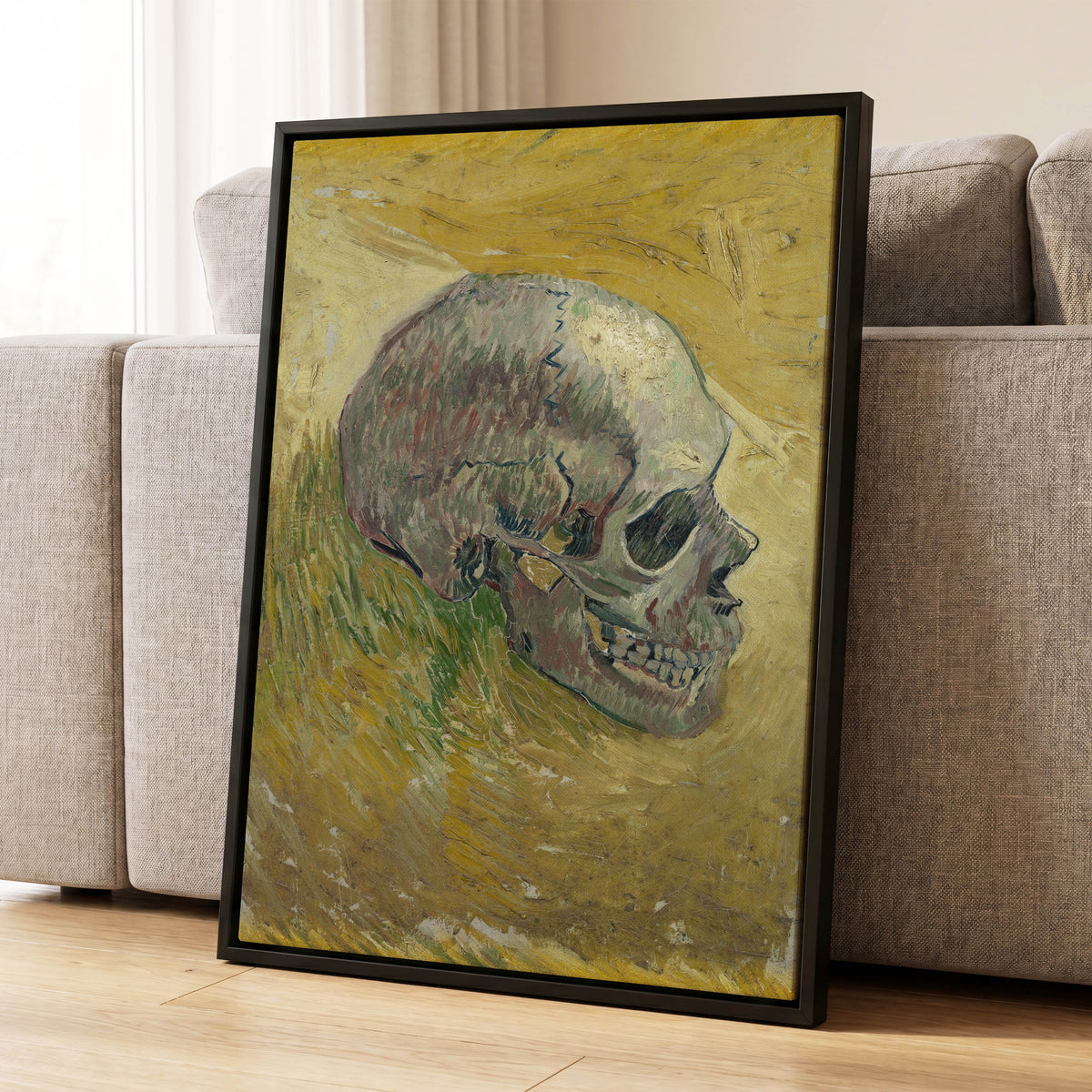 Skull in Saffron, yellow, green, beige abstract wall art displayed in a styled interior, gallery view 4