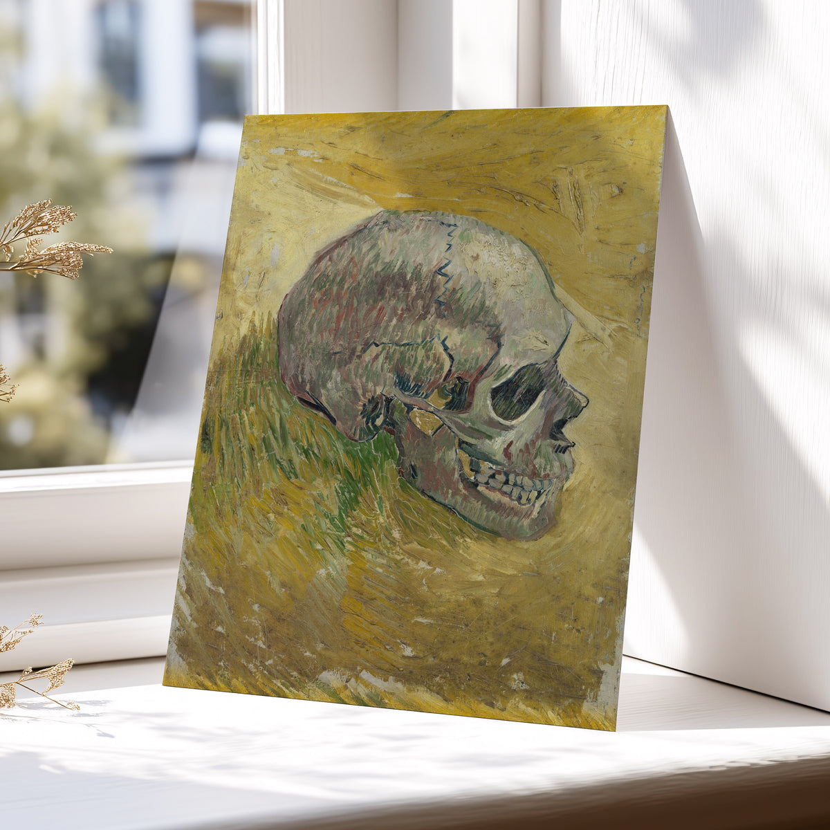 Skull in Saffron, yellow, green, beige abstract wall art displayed in a styled interior, gallery view 5