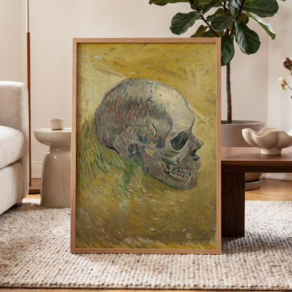 Skull in Saffron, yellow, green, beige abstract wall art displayed in a styled interior, gallery view 6