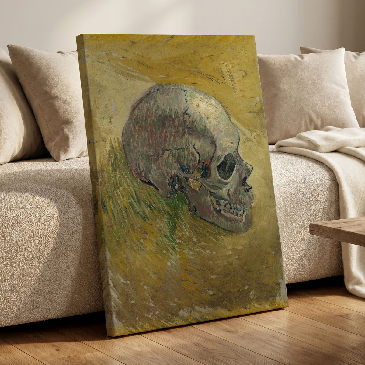 Skull in Saffron, yellow, green, beige abstract wall art displayed in a styled interior, gallery view 7