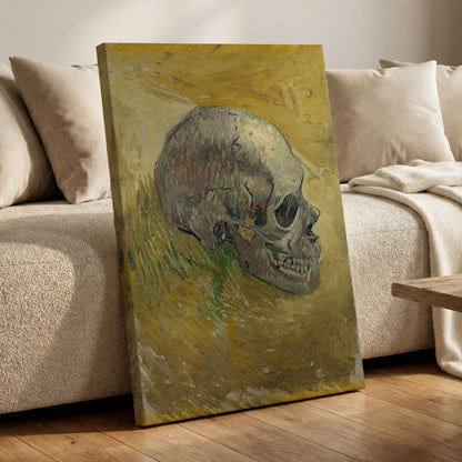 Skull in Saffron, yellow, green, beige abstract wall art displayed in a styled interior, gallery view 7