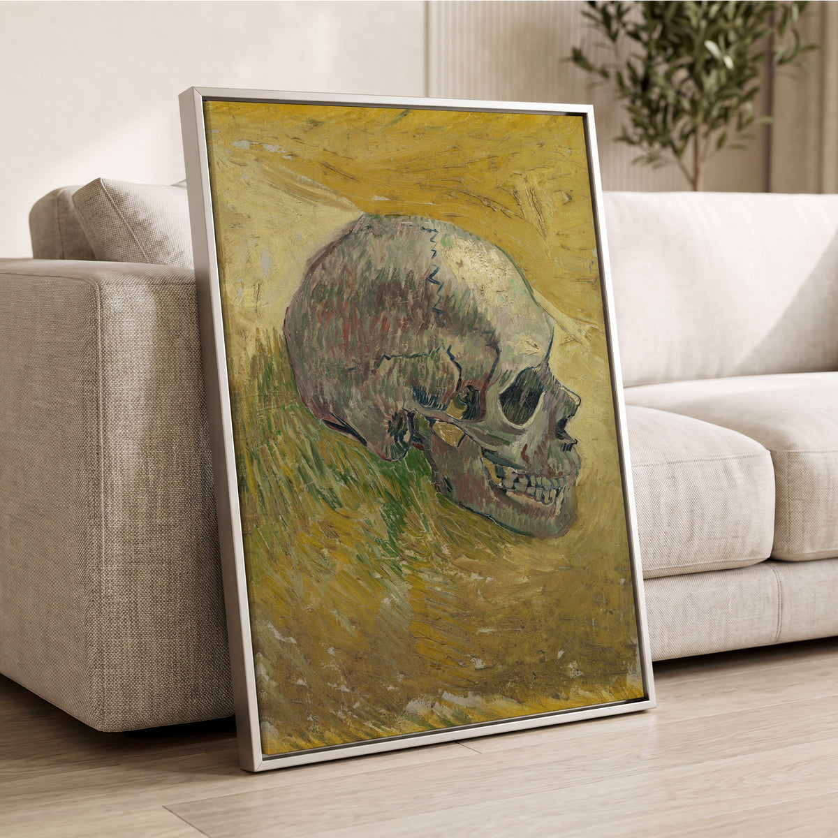 Skull in Saffron, yellow, green, beige abstract wall art displayed in a styled interior, gallery view 8
