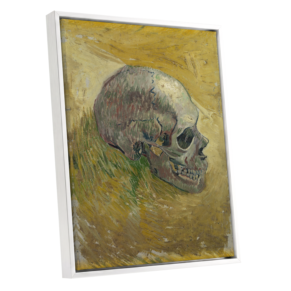 Skull in Saffron, yellow, green, beige abstract wall art shown as a white framed canvas wall art