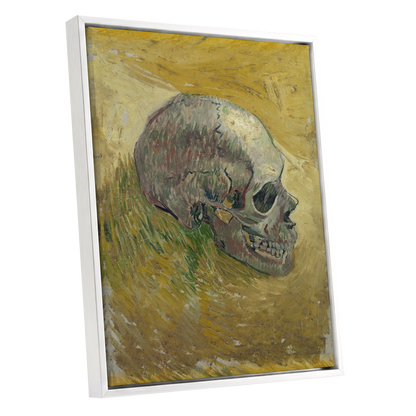 Skull in Saffron, yellow, green, beige abstract wall art shown as a white framed canvas wall art