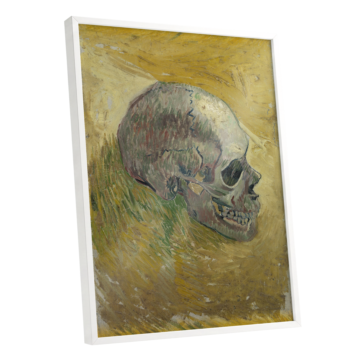 Skull in Saffron, yellow, green, beige abstract wall art shown as a white framed poster wall art print