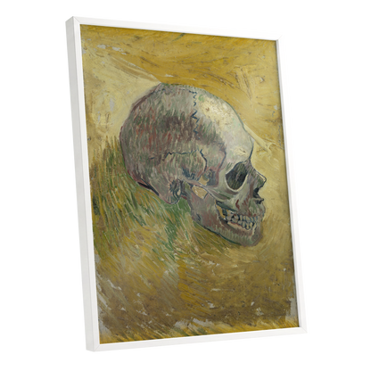 Skull in Saffron, yellow, green, beige abstract wall art shown as a white framed poster wall art print