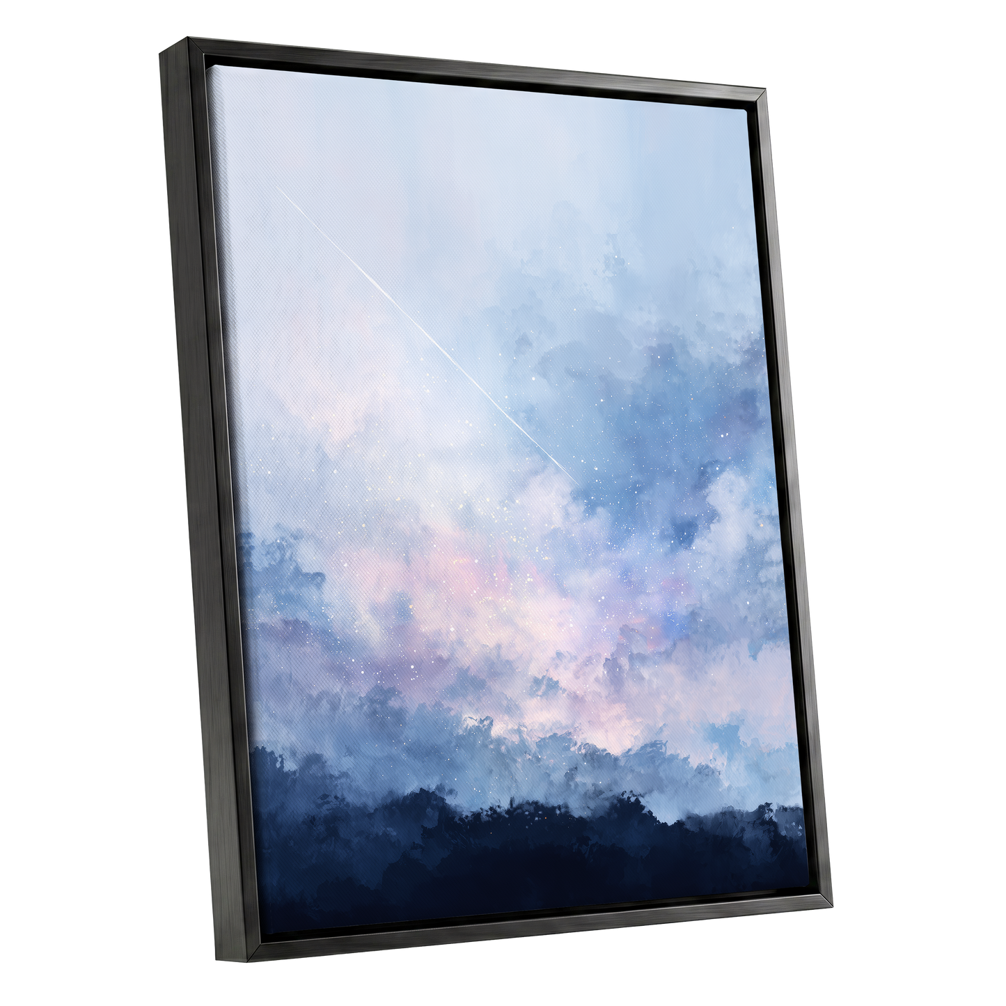 Skyborne Whisper, blue, white, pink abstract wall art shown as a black framed canvas wall art