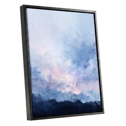 Skyborne Whisper, blue, white, pink abstract wall art shown as a black framed canvas wall art