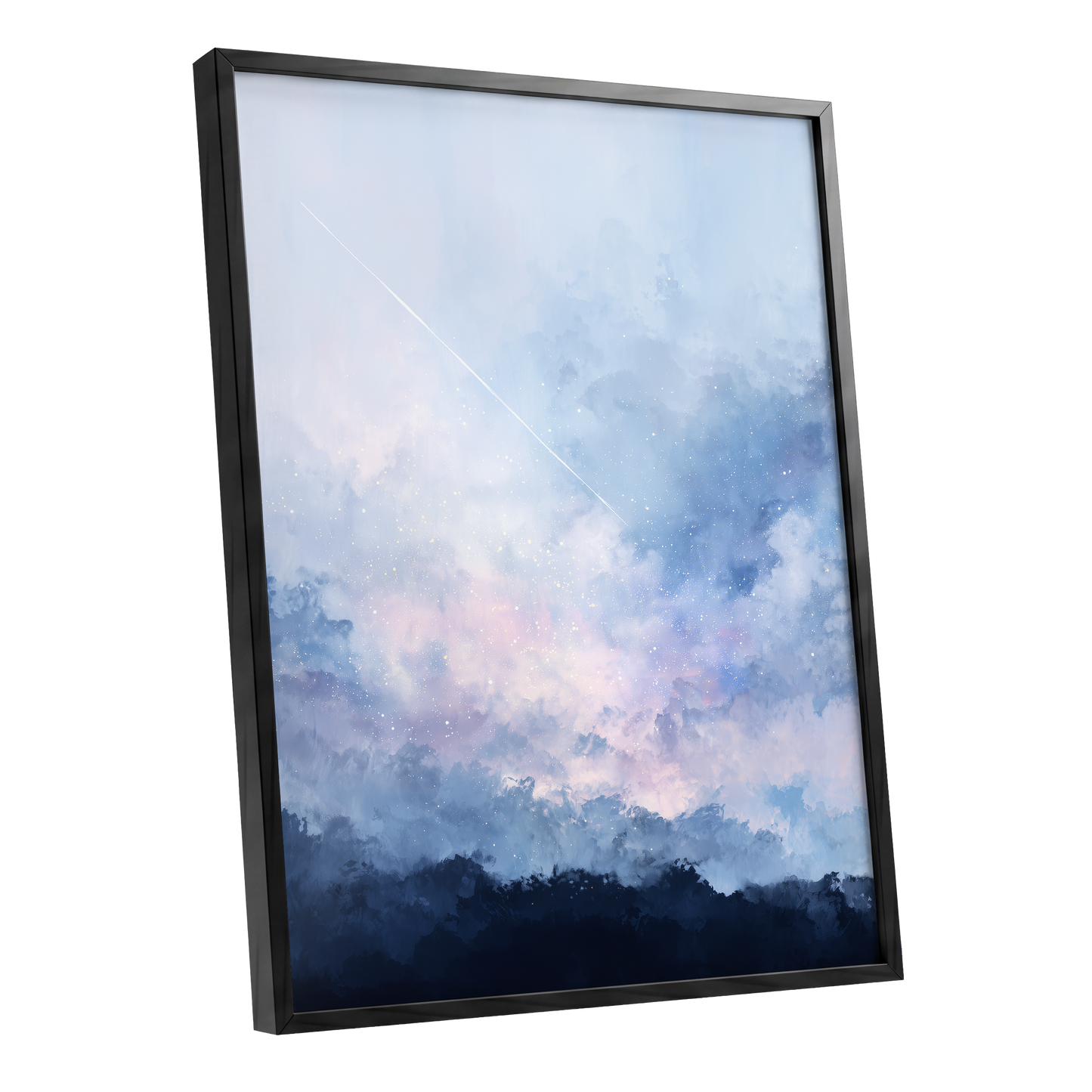 Skyborne Whisper, blue, white, pink abstract wall art shown as a black framed poster wall art print