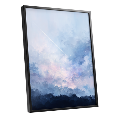 Skyborne Whisper, blue, white, pink abstract wall art shown as a black framed poster wall art print