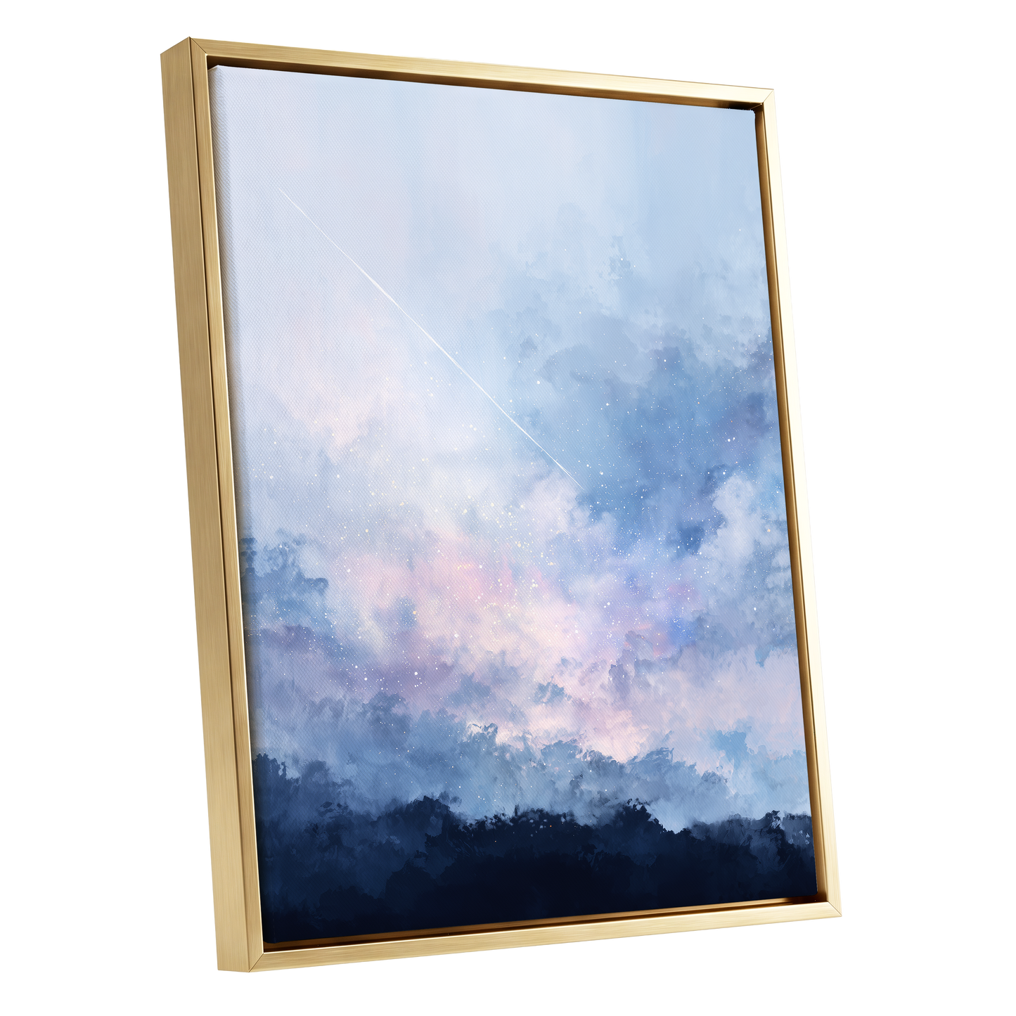 Skyborne Whisper, blue, white, pink abstract wall art shown as a gold framed canvas wall art