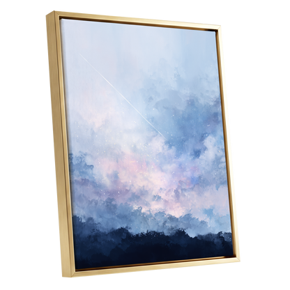 Skyborne Whisper, blue, white, pink abstract wall art shown as a gold framed canvas wall art