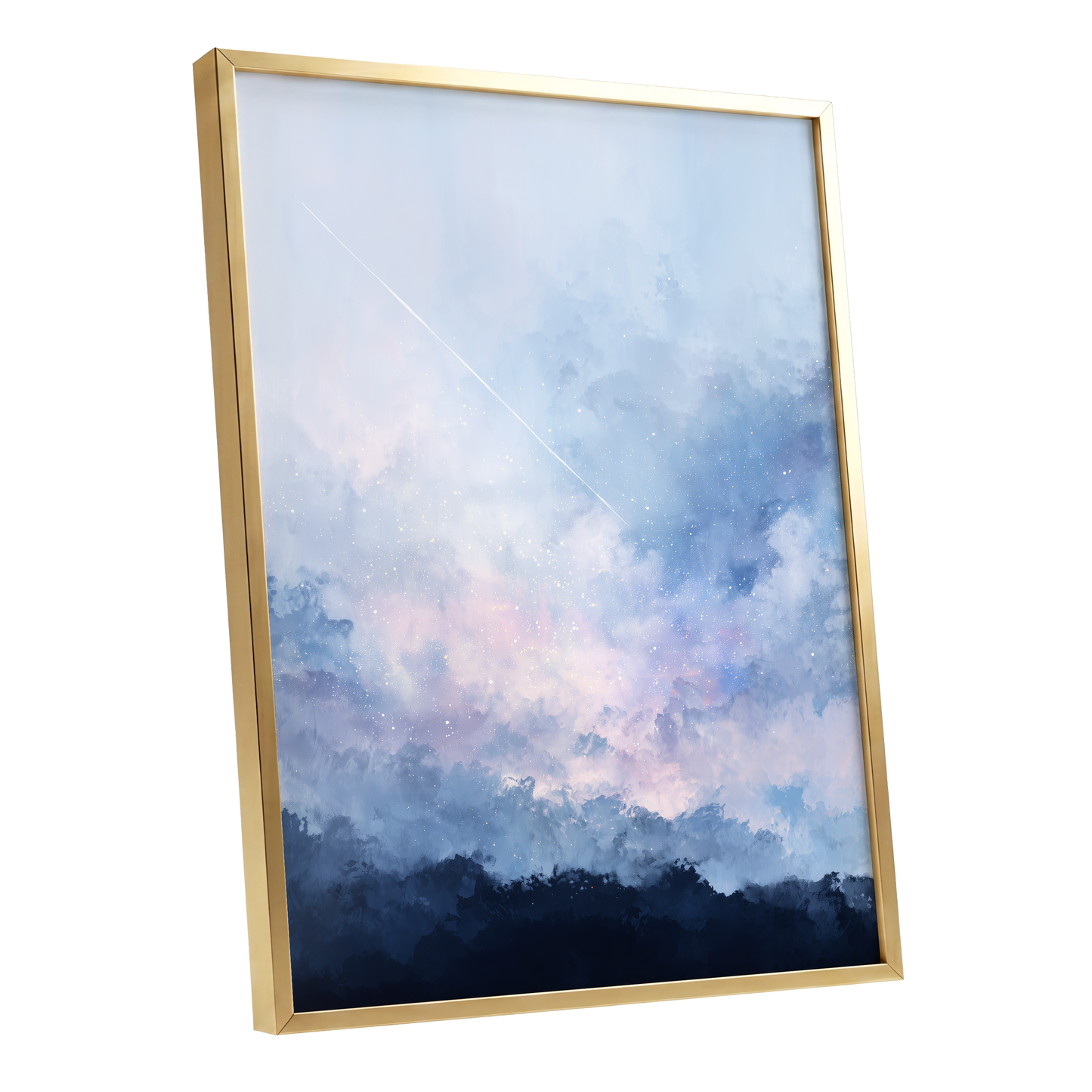 Skyborne Whisper, blue, white, pink abstract wall art shown as a gold framed poster wall art print