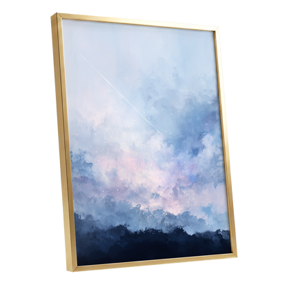 Skyborne Whisper, blue, white, pink abstract wall art shown as a gold framed poster wall art print