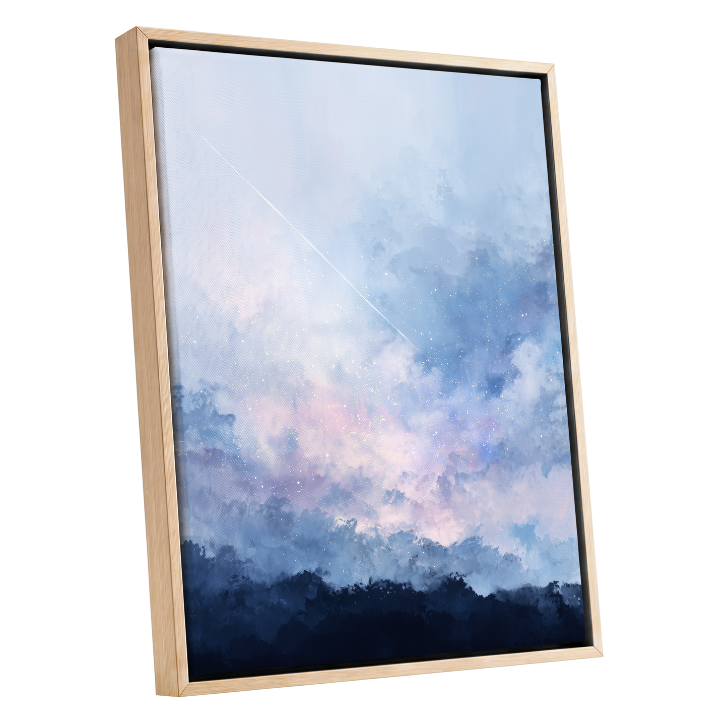 Skyborne Whisper, blue, white, pink abstract wall art shown as a oak framed canvas wall art