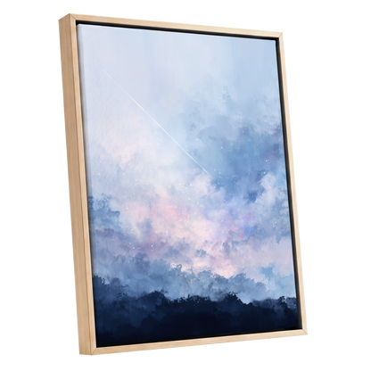 Skyborne Whisper, blue, white, pink abstract wall art shown as a oak framed canvas wall art