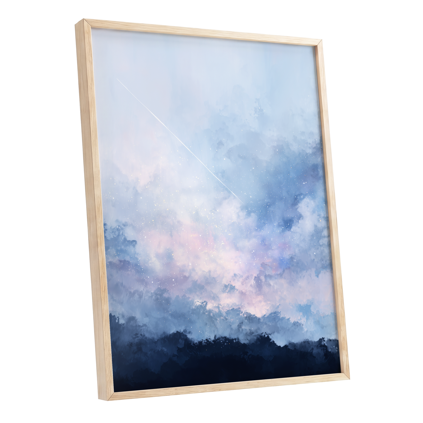 Skyborne Whisper, blue, white, pink abstract wall art shown as a oak framed poster wall art print