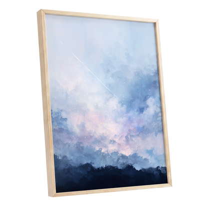 Skyborne Whisper, blue, white, pink abstract wall art shown as a oak framed poster wall art print