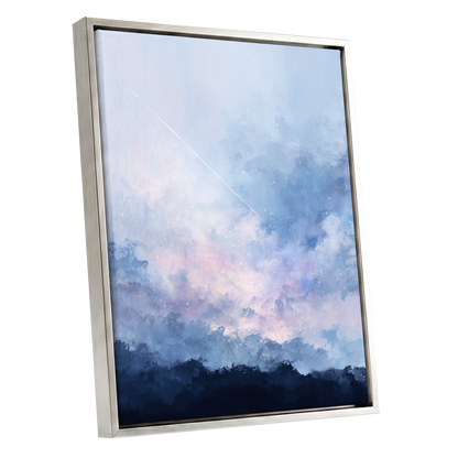 Skyborne Whisper, blue, white, pink abstract wall art shown as a silver framed canvas wall art