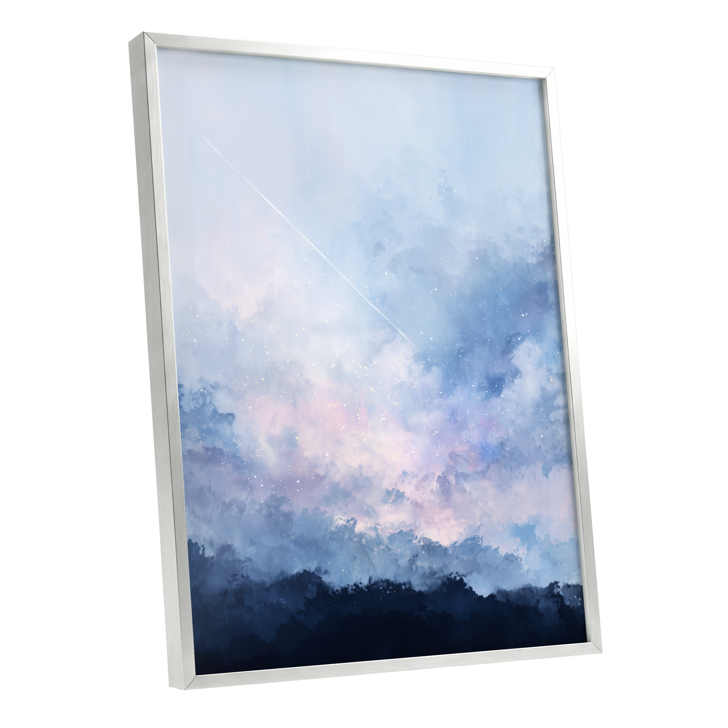 Skyborne Whisper, blue, white, pink abstract wall art shown as a silver framed poster wall art print