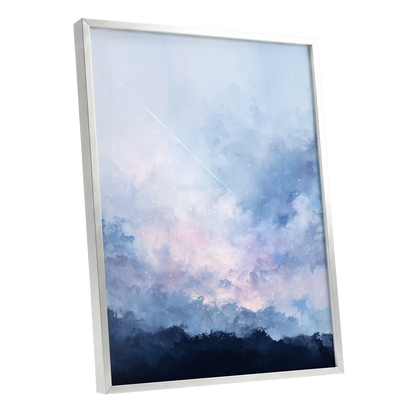 Skyborne Whisper, blue, white, pink abstract wall art shown as a silver framed poster wall art print