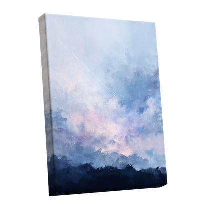 Skyborne Whisper, blue, white, pink abstract wall art shown as a stretched canvas wall art