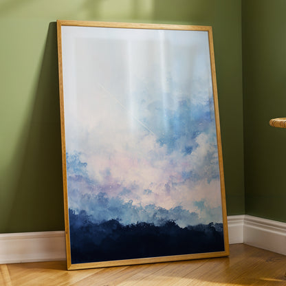 Skyborne Whisper, blue, white, pink abstract wall art displayed in a styled interior, gallery view 2