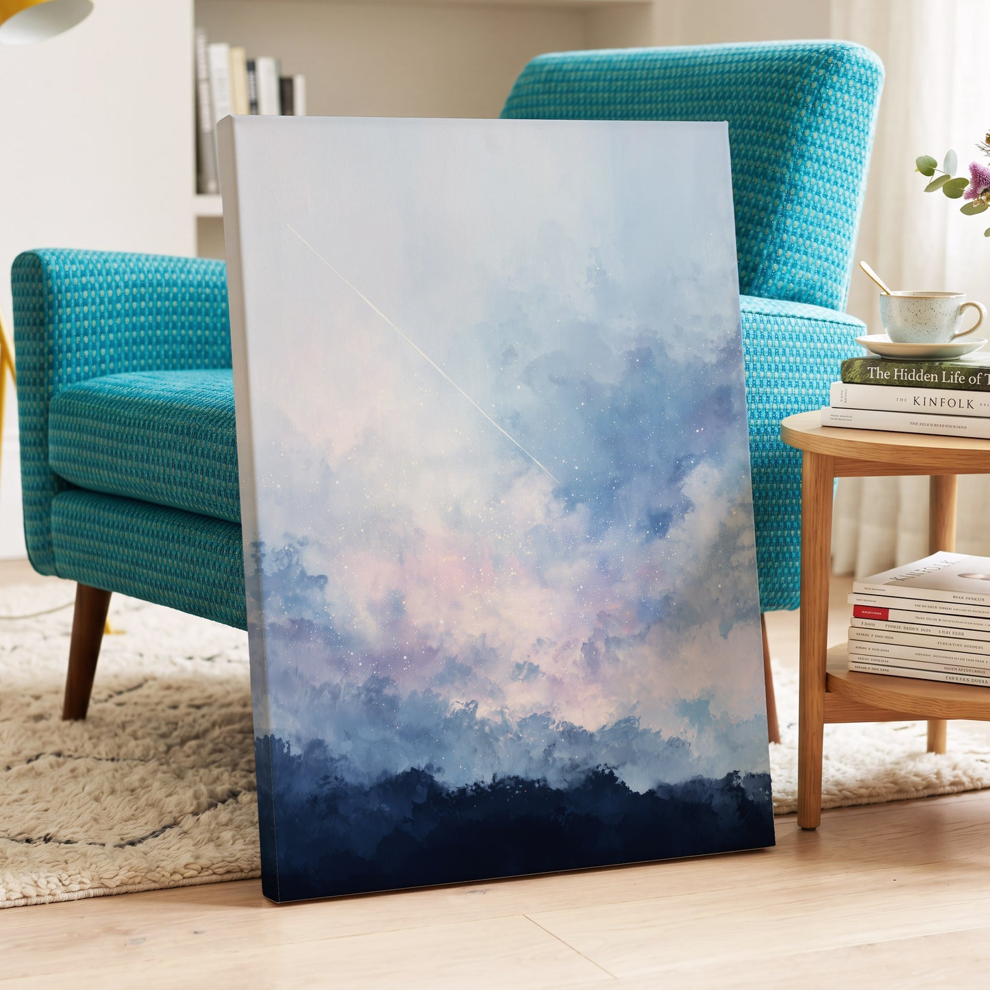 Skyborne Whisper, blue, white, pink abstract wall art displayed in a styled interior, gallery view 3