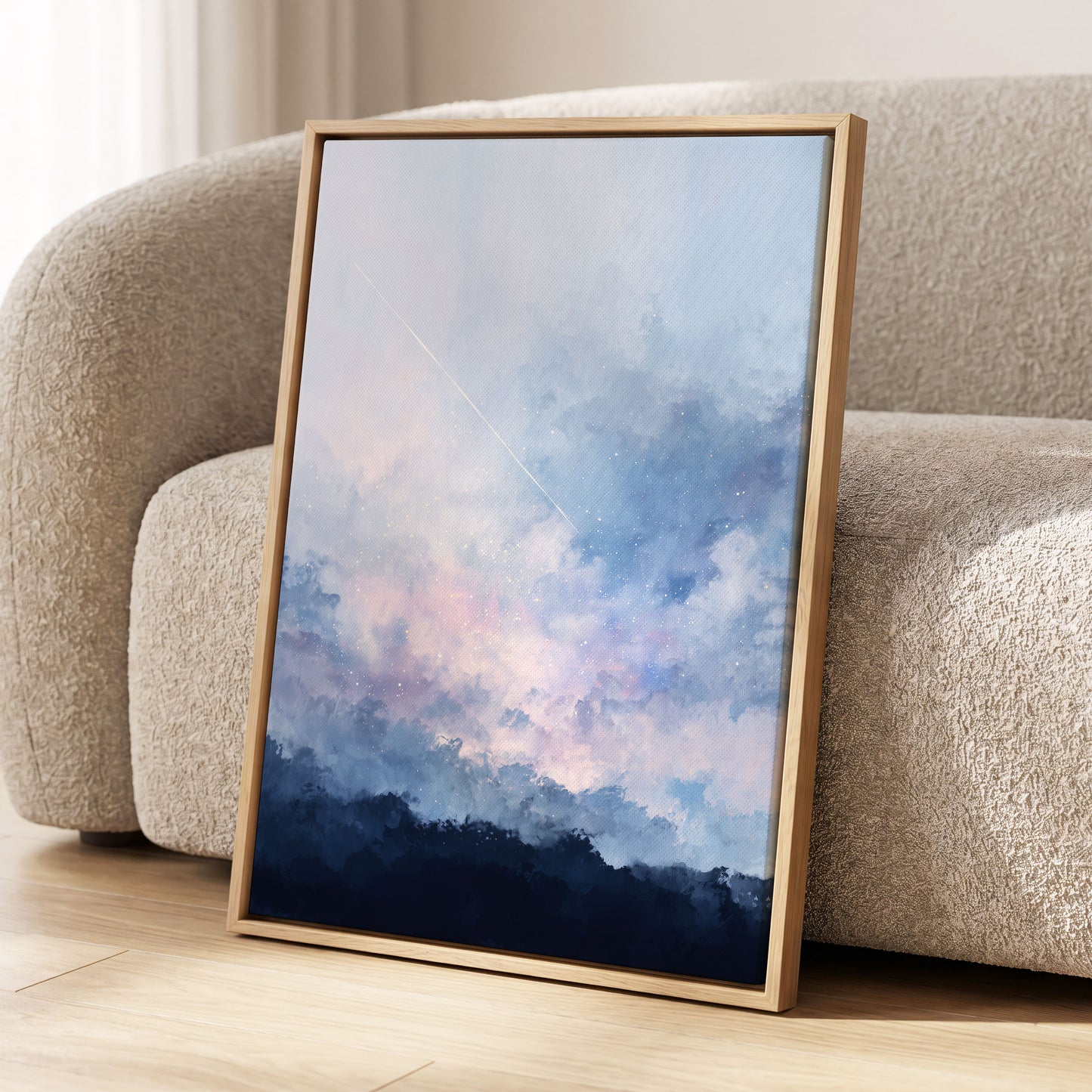 Skyborne Whisper, blue, white, pink abstract wall art displayed in a styled interior, gallery view 4