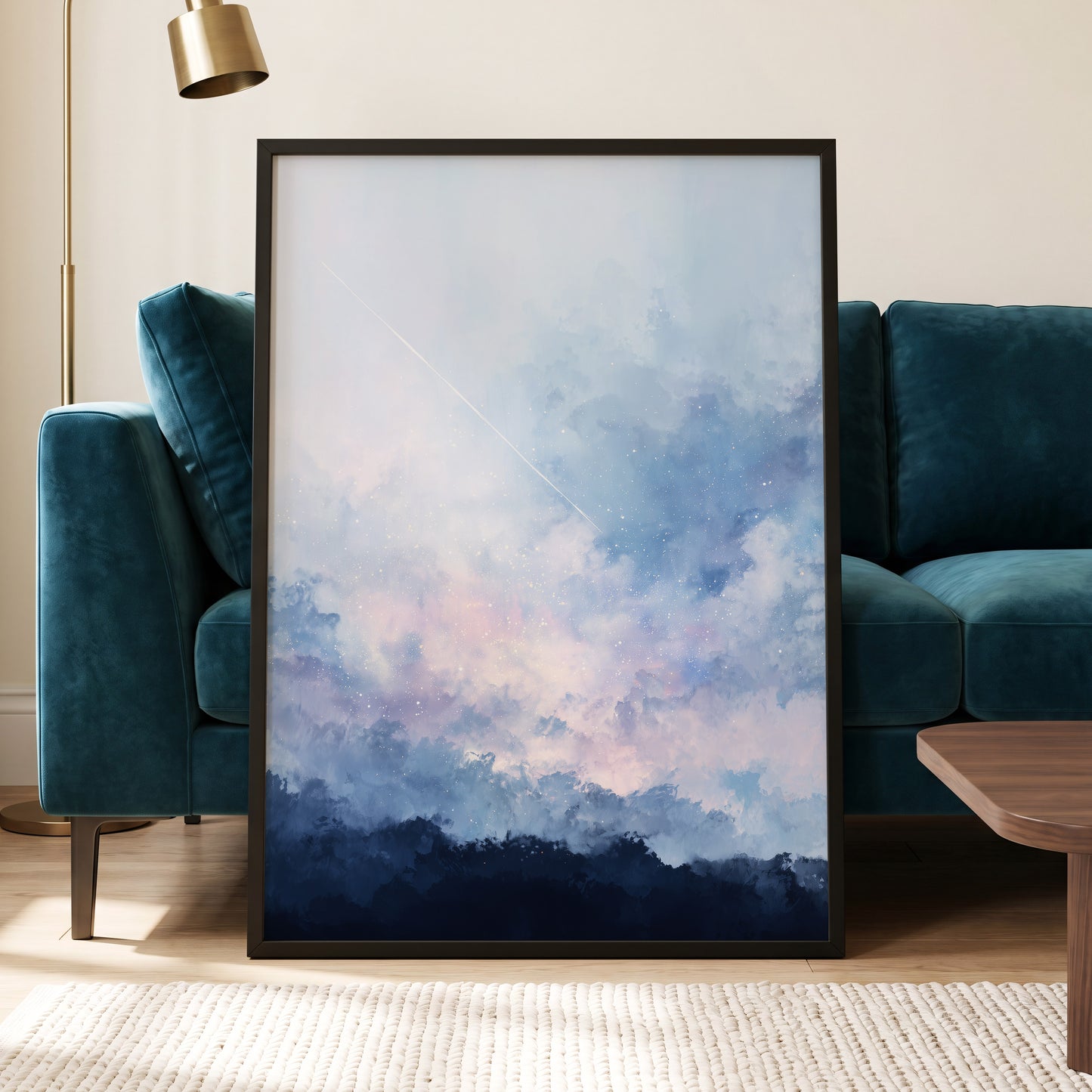 Skyborne Whisper, blue, white, pink abstract wall art displayed in a styled interior, gallery view 6