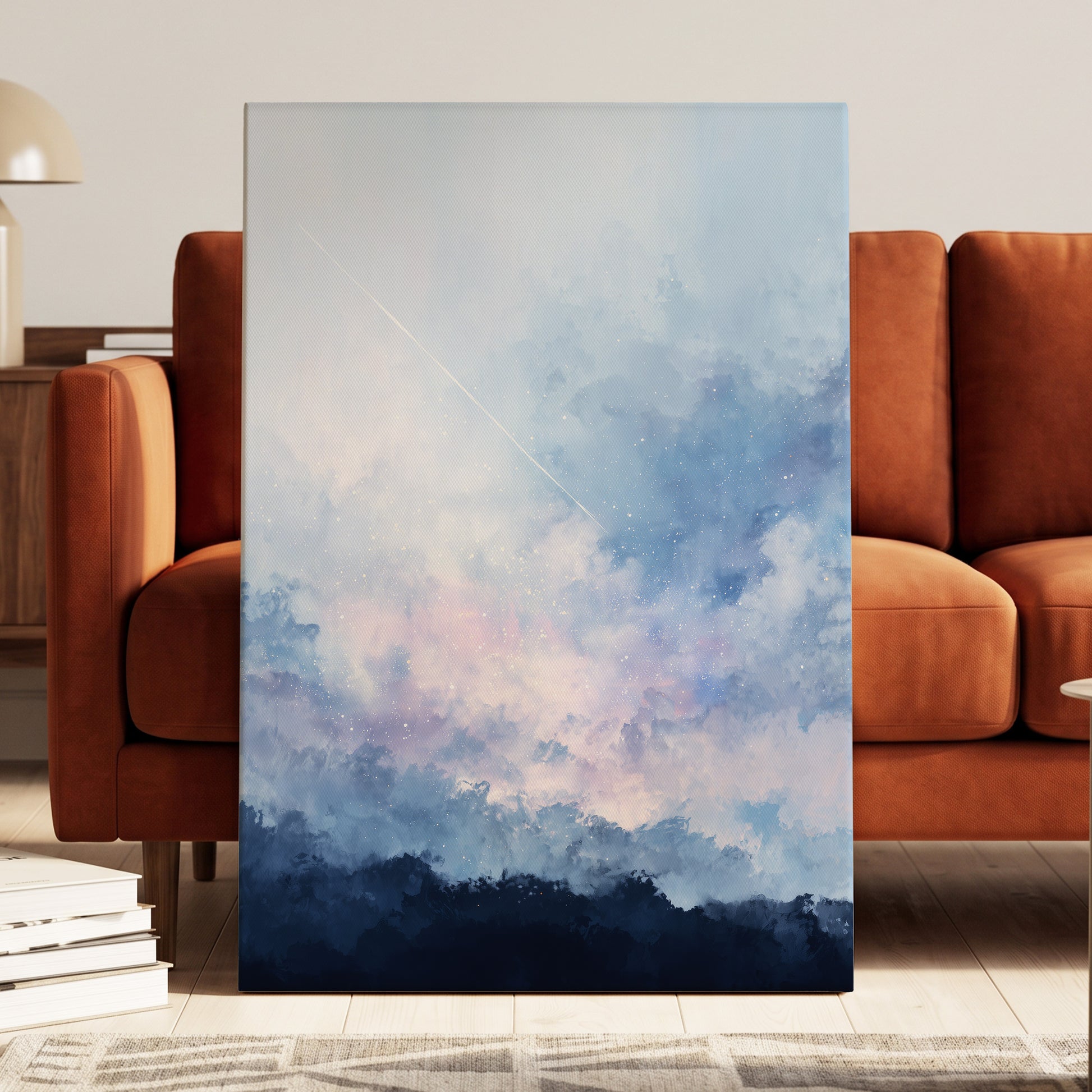 Skyborne Whisper, blue, white, pink abstract wall art displayed in a styled interior, gallery view 7