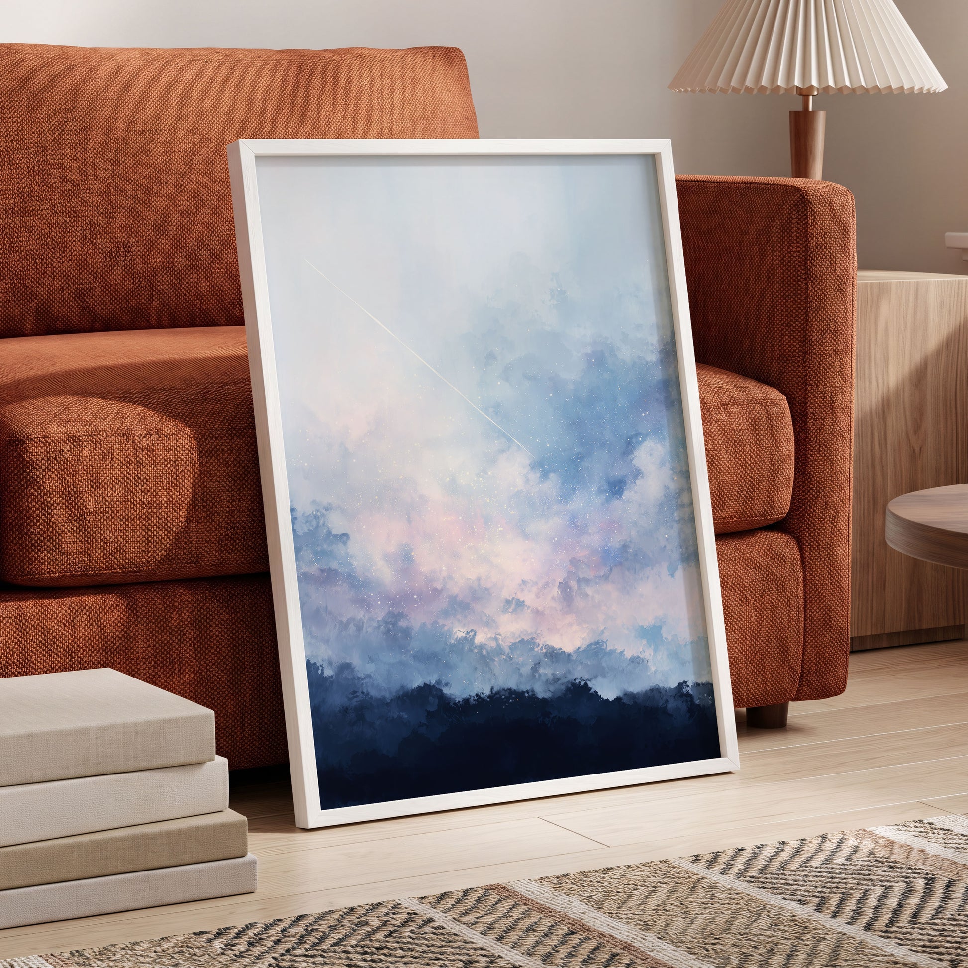Skyborne Whisper, blue, white, pink abstract wall art displayed in a styled interior, gallery view 9