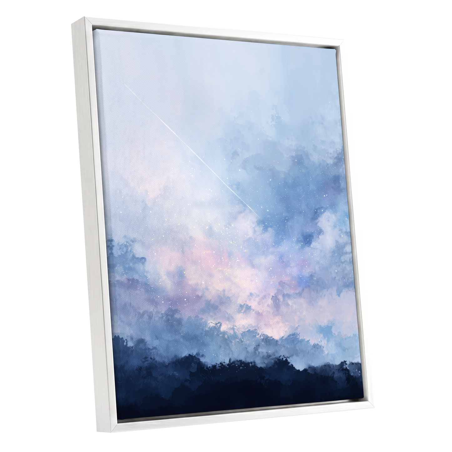 Skyborne Whisper, blue, white, pink abstract wall art shown as a white framed canvas wall art
