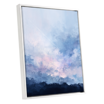 Skyborne Whisper, blue, white, pink abstract wall art shown as a white framed canvas wall art