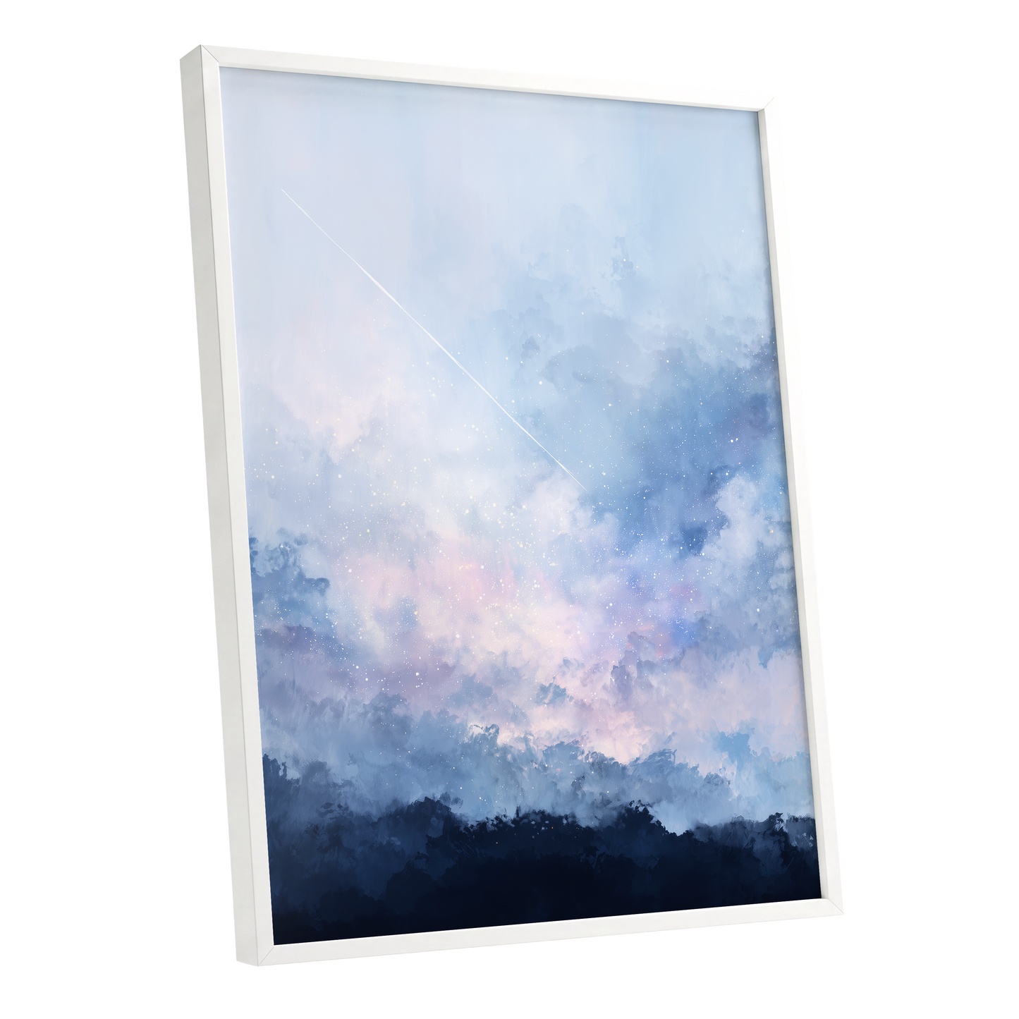 Skyborne Whisper, blue, white, pink abstract wall art shown as a white framed poster wall art print
