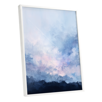 Skyborne Whisper, blue, white, pink abstract wall art shown as a white framed poster wall art print