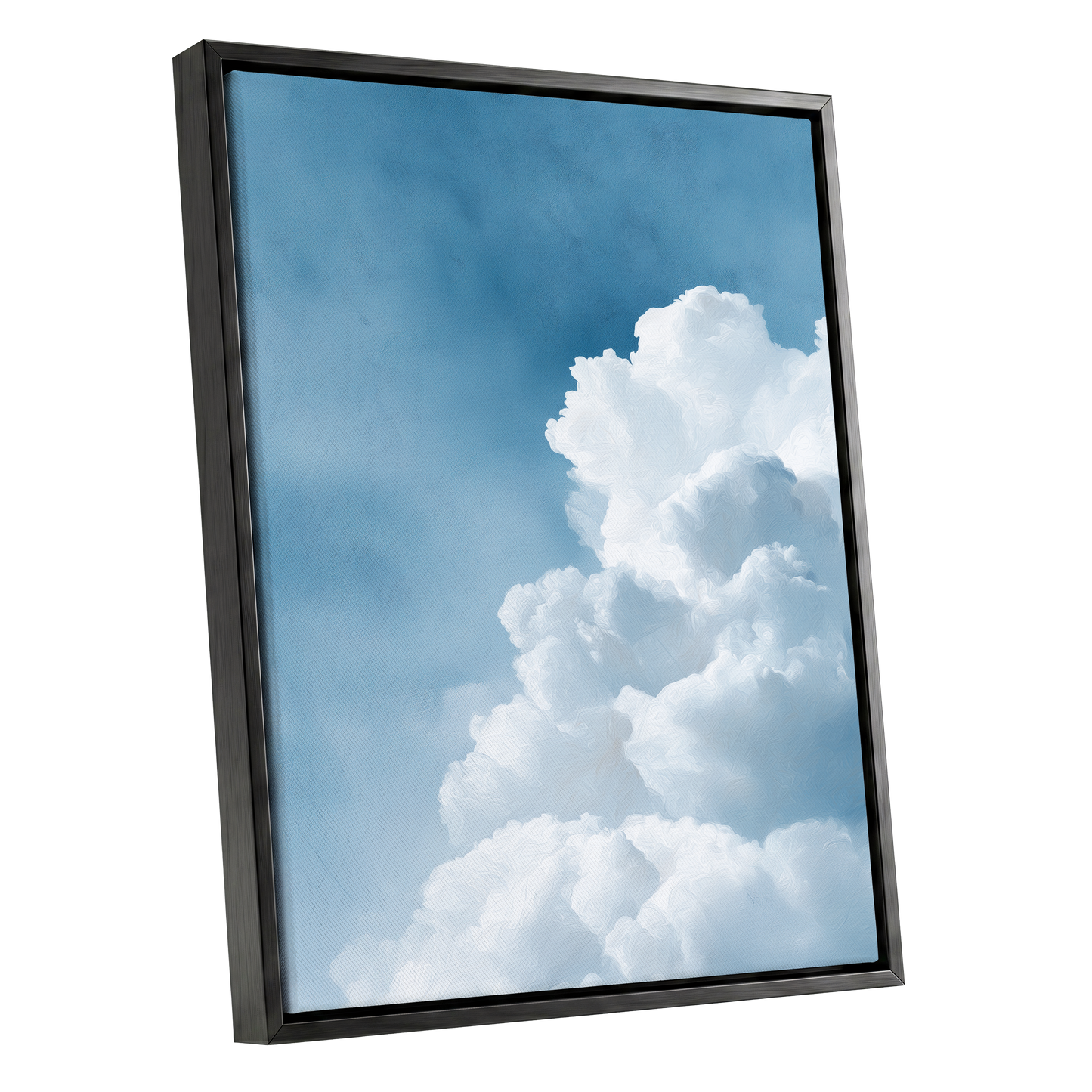 Skyward Billows, blue, white, gray nature wall art shown as a black framed canvas wall art