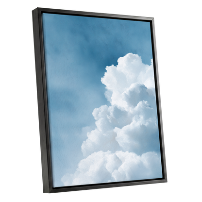 Skyward Billows, blue, white, gray nature wall art shown as a black framed canvas wall art