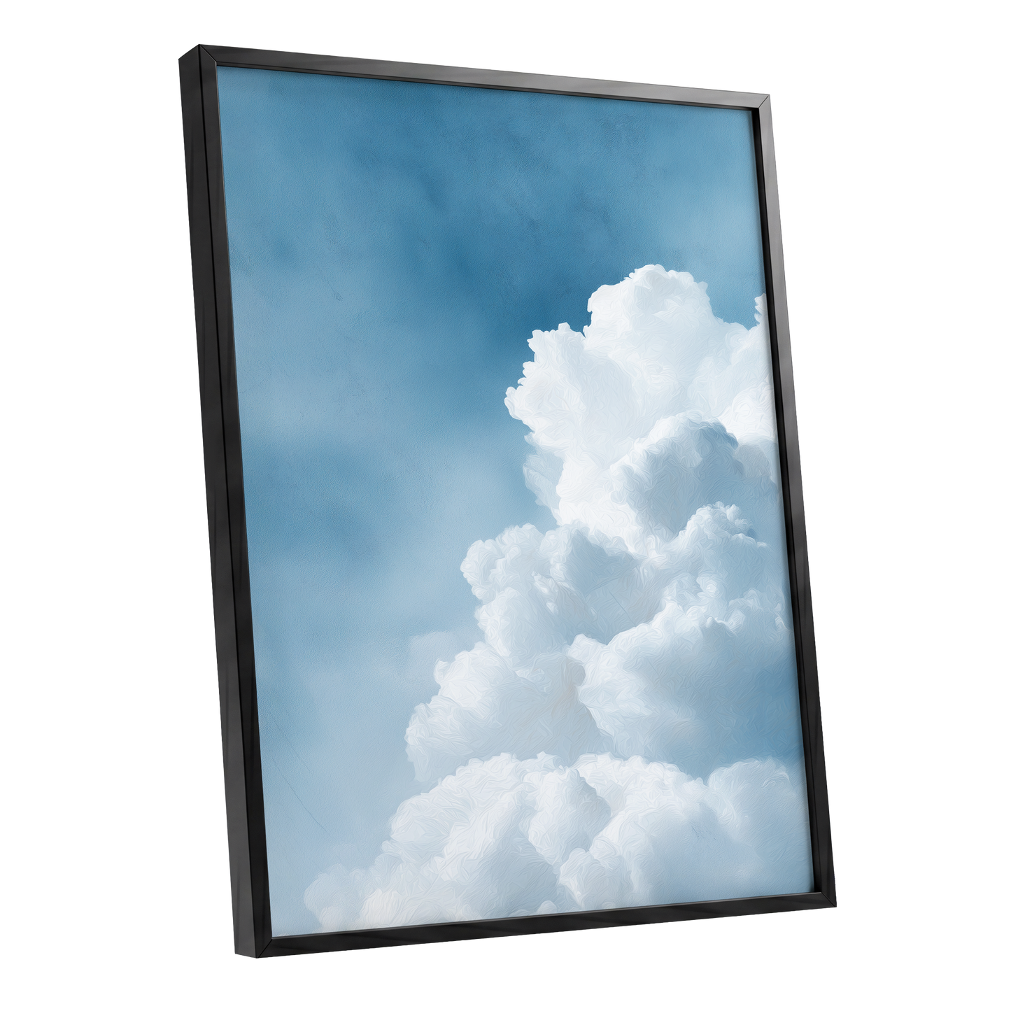 Skyward Billows, blue, white, gray nature wall art shown as a black framed poster wall art print