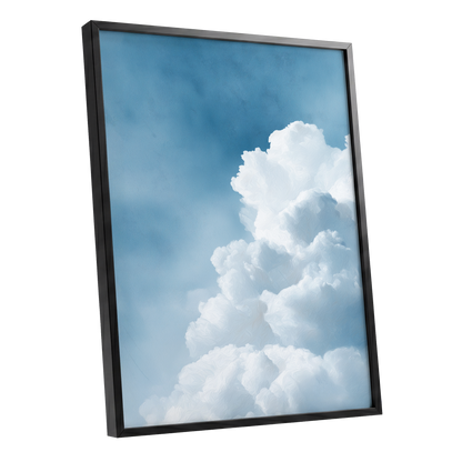Skyward Billows, blue, white, gray nature wall art shown as a black framed poster wall art print