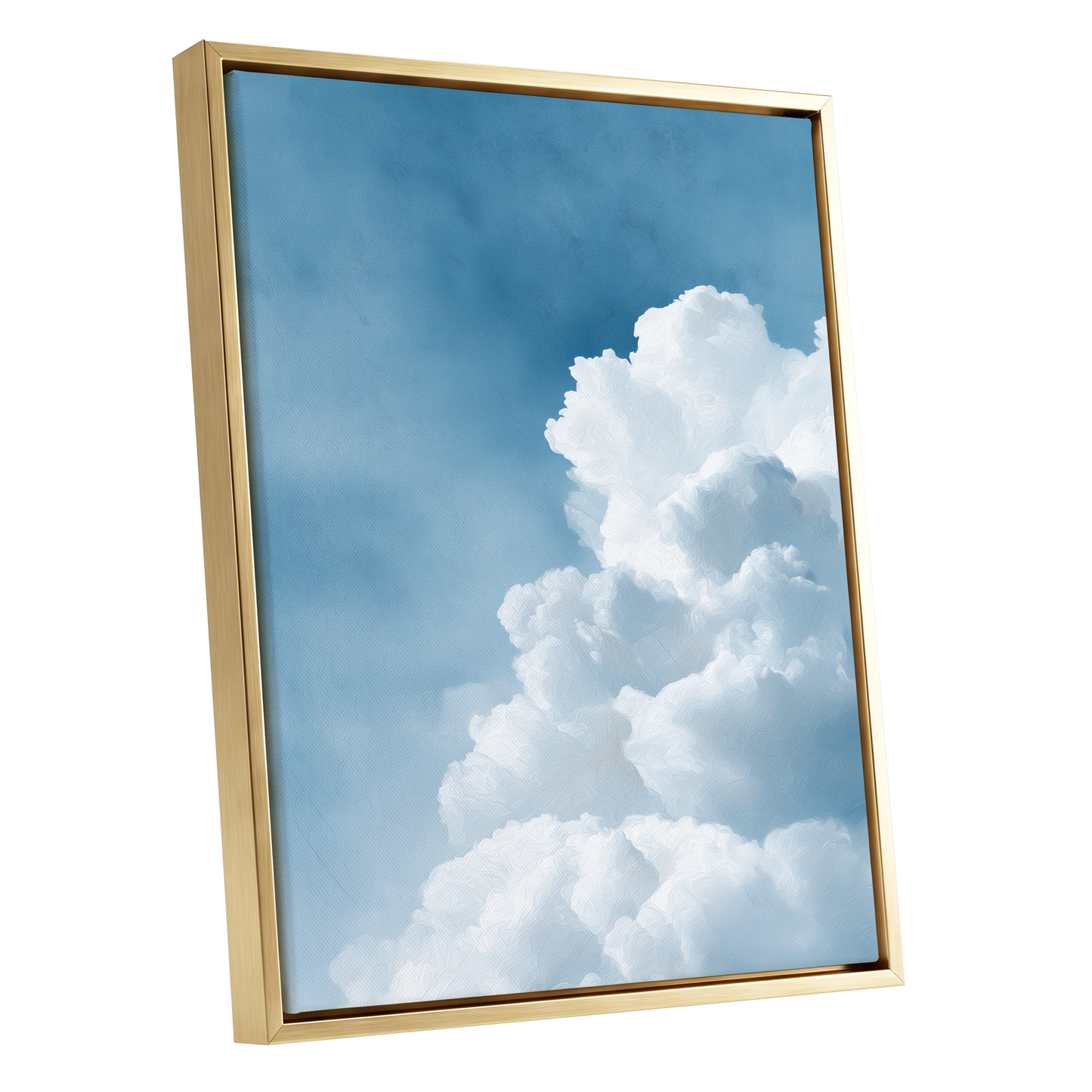 Skyward Billows, blue, white, gray nature wall art shown as a gold framed canvas wall art