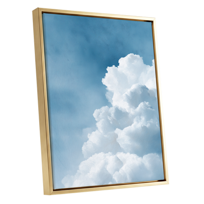 Skyward Billows, blue, white, gray nature wall art shown as a gold framed canvas wall art