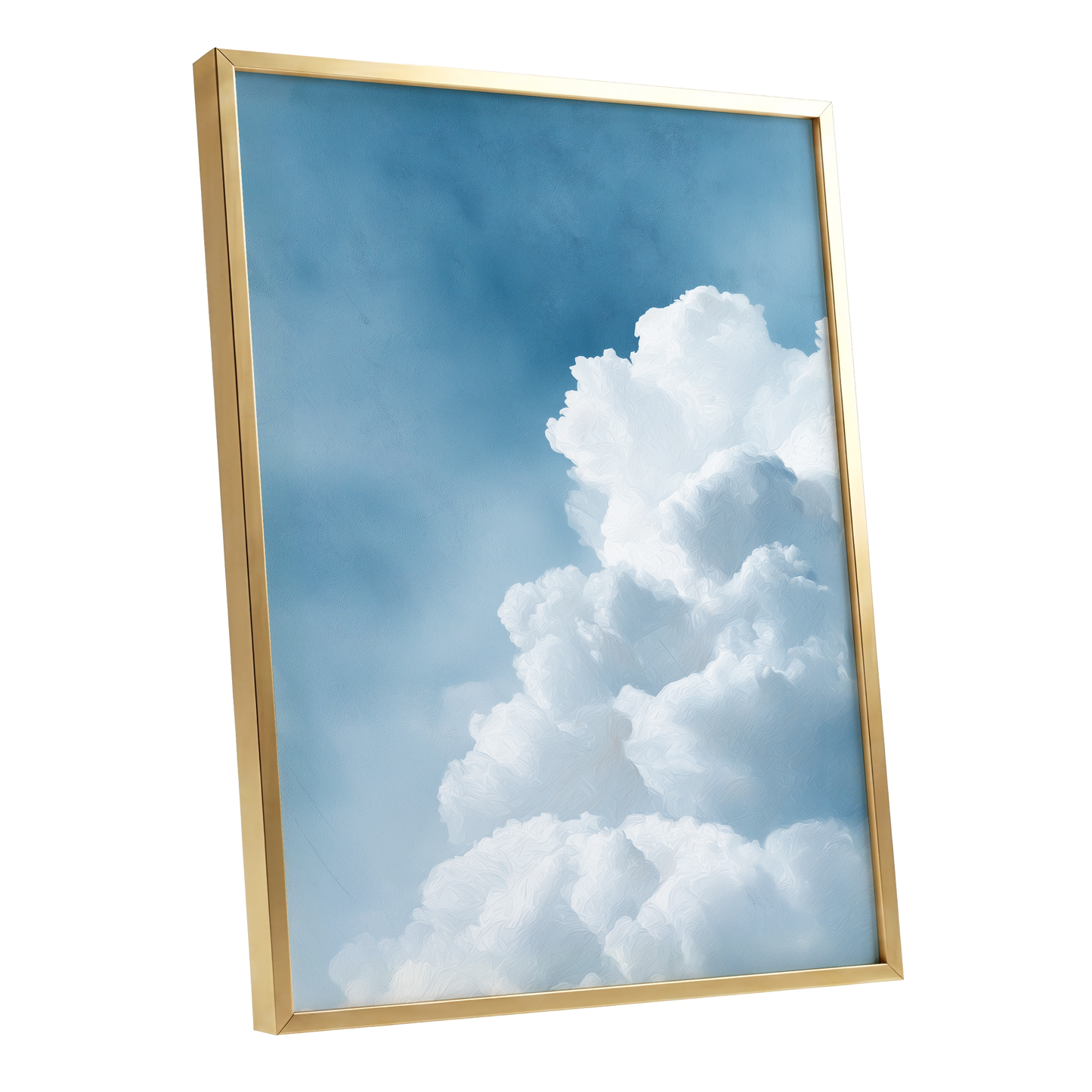 Skyward Billows, blue, white, gray nature wall art shown as a gold framed poster wall art print