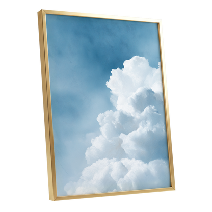 Skyward Billows, blue, white, gray nature wall art shown as a gold framed poster wall art print