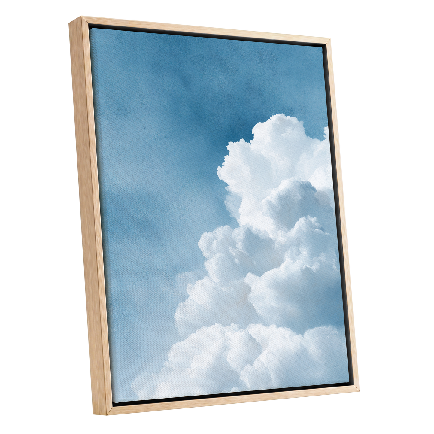 Skyward Billows, blue, white, gray nature wall art shown as a oak framed canvas wall art