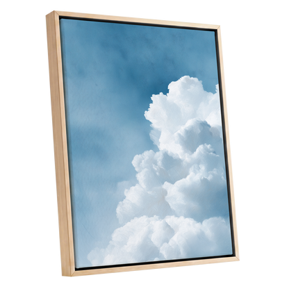 Skyward Billows, blue, white, gray nature wall art shown as a oak framed canvas wall art