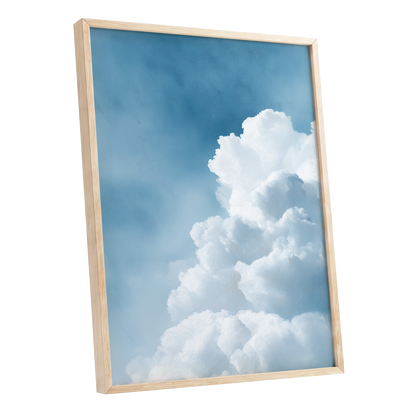 Skyward Billows, blue, white, gray nature wall art shown as a oak framed poster wall art print