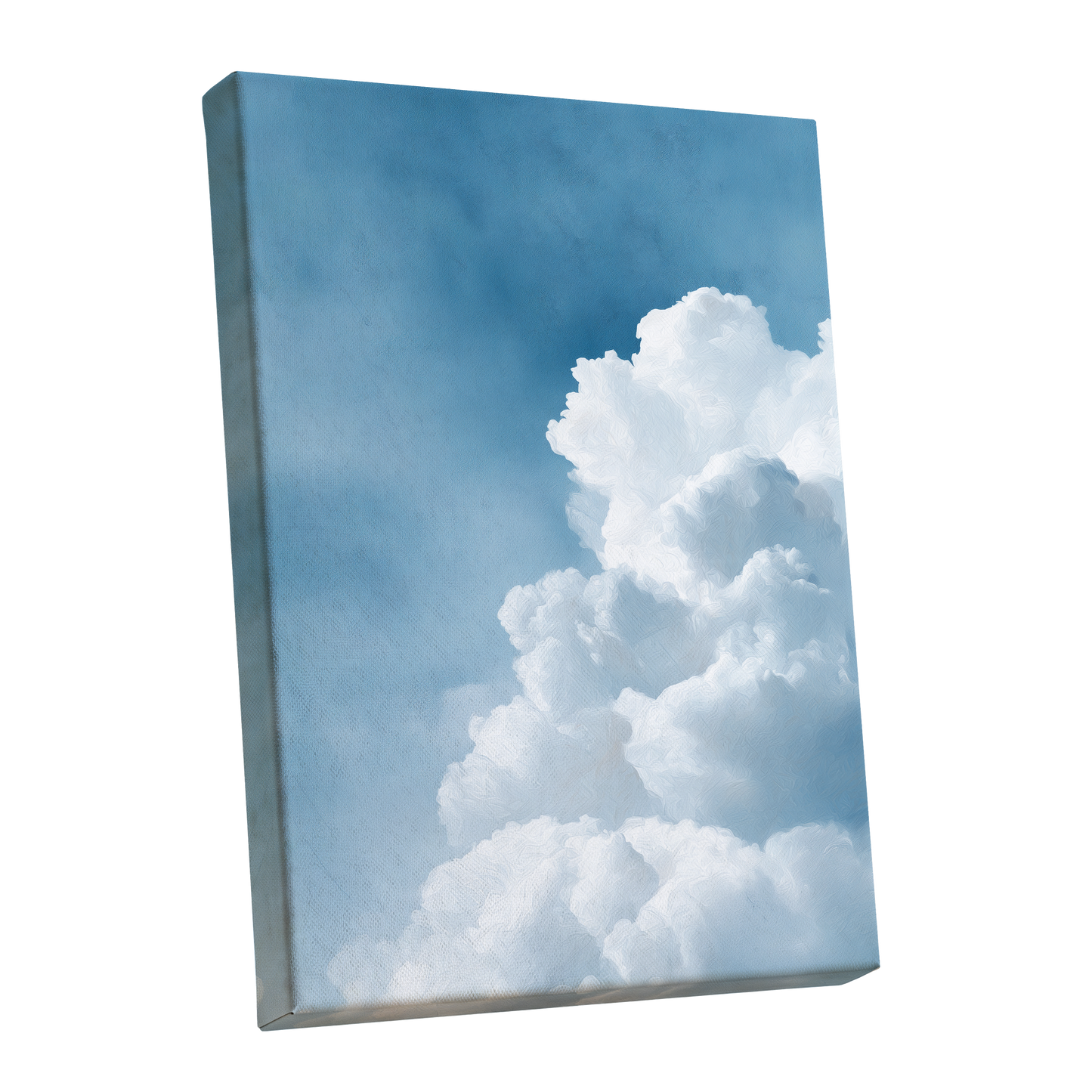 Skyward Billows, blue, white, gray nature wall art shown as a stretched canvas wall art
